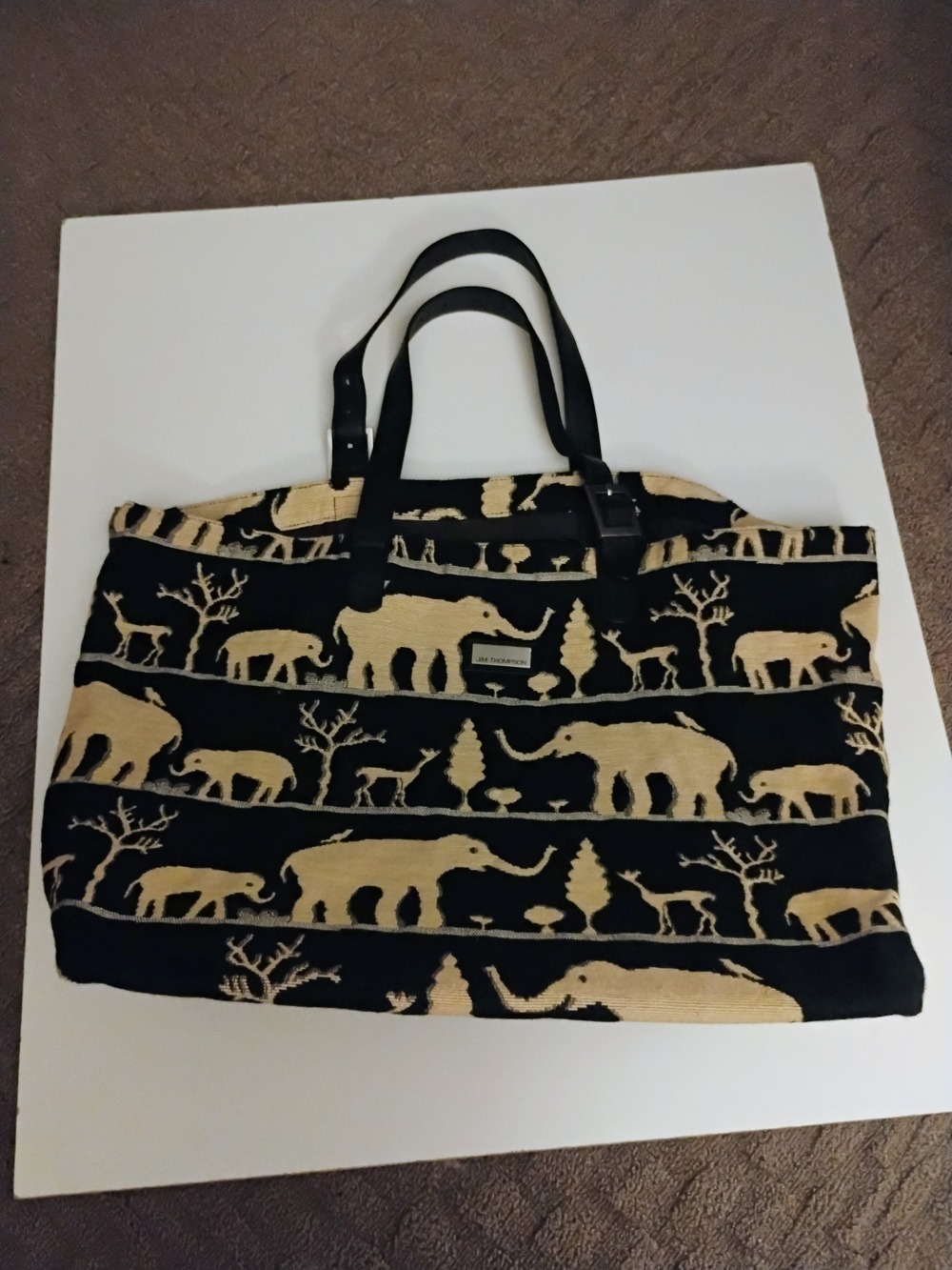 Jim Thompson Black and Cream Beige Elephant Canvas Print Tote Bag